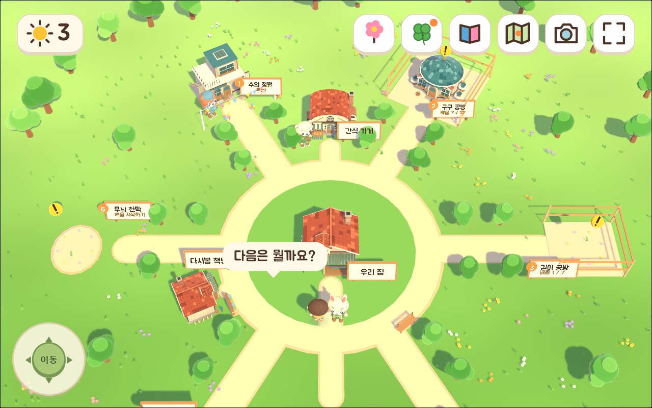 1·2학년 마을 전체: 가운데 우리 집, 여섯 갈래 길 끝의 단원 건물이 서로 다른 단계로 지어지는 모습