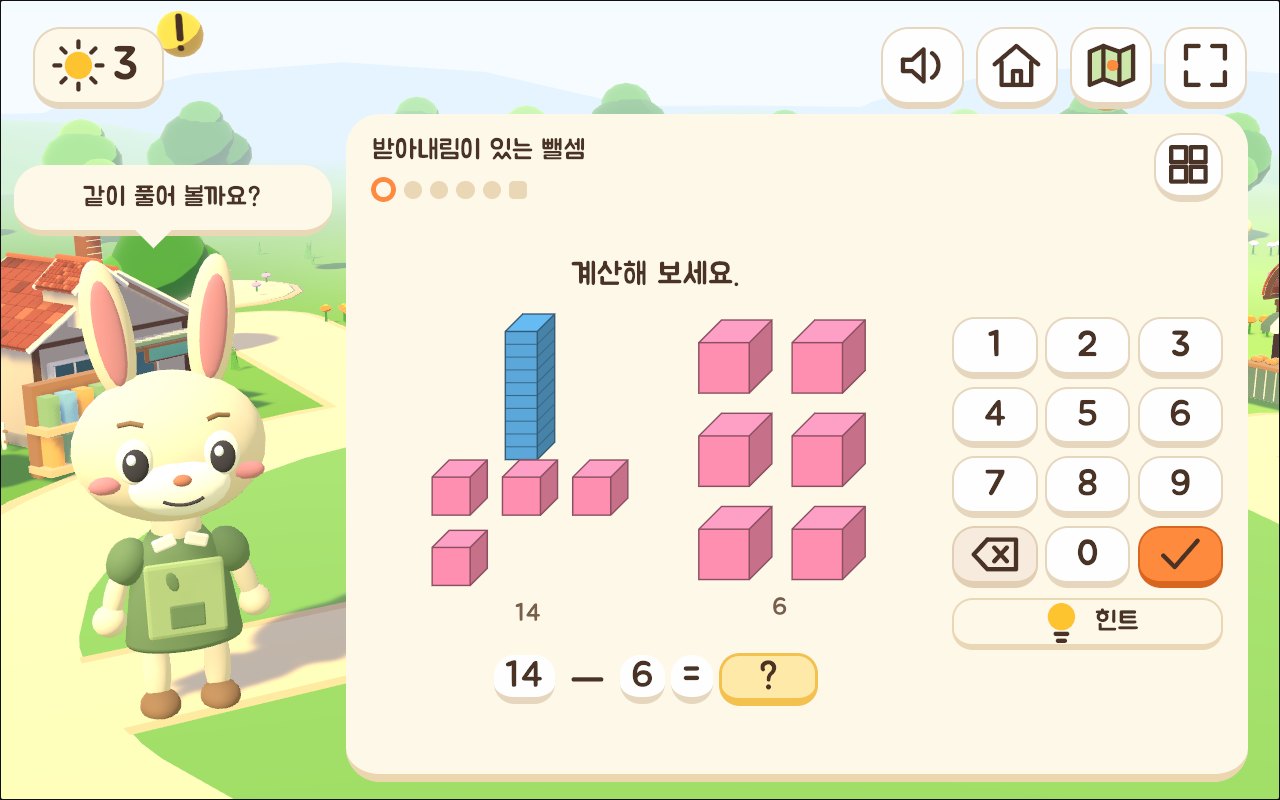 1학년 문제: 14 빼기 6을 십 막대와 낱개 그림으로 보여 주는 화면