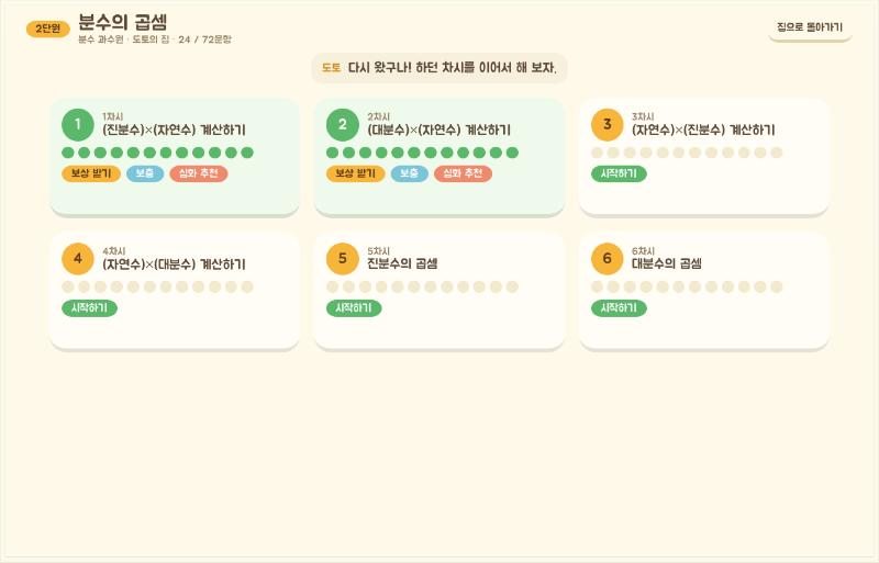 차시 목록: 차시마다 문항 진행 점과 보충, 심화 추천 표시